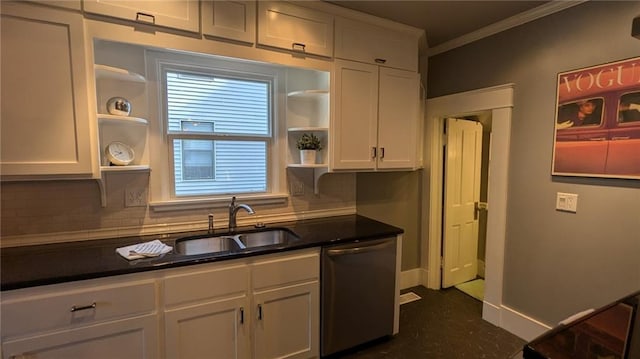 kitchen with decorative backsplash, white cabinets, open shelves, and stainless steel dishwasher