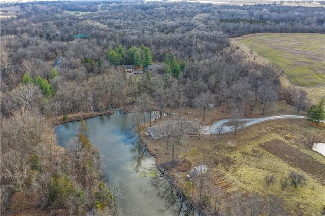 drone / aerial view with a wooded view and a water view