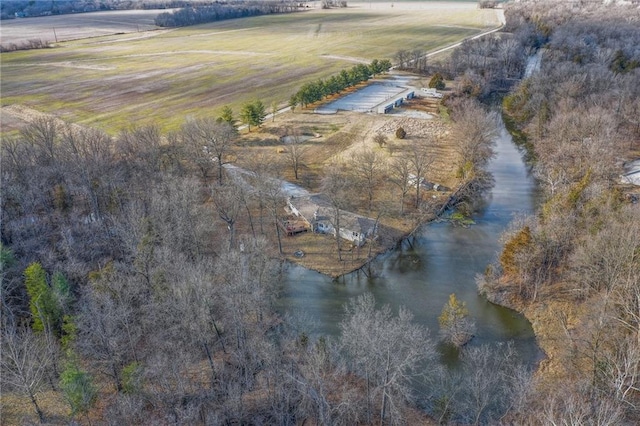 drone / aerial view with a water view and a rural view