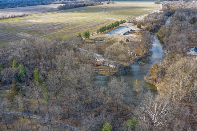 aerial view featuring a rural view and a water view