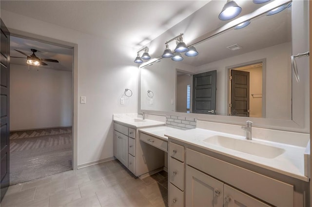 full bathroom featuring visible vents, a ceiling fan, tile patterned flooring, baseboards, and vanity