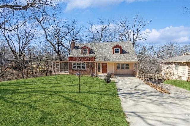 cape cod home featuring a chimney, concrete driveway, a front lawn, and a shingled roof