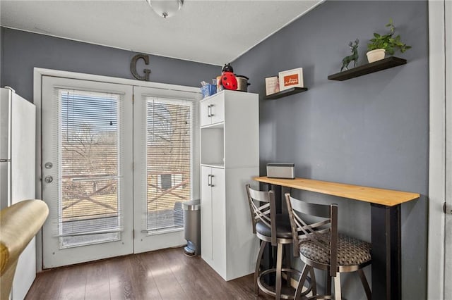 interior space featuring french doors, freestanding refrigerator, and dark wood-style flooring