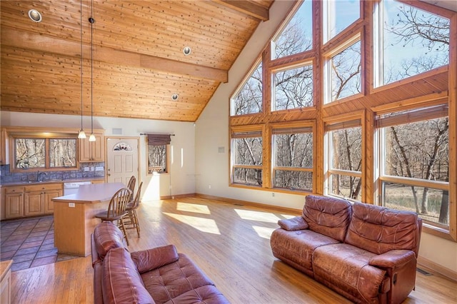 living room featuring light wood finished floors, a healthy amount of sunlight, wooden ceiling, and high vaulted ceiling