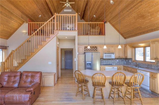 kitchen featuring backsplash, wooden ceiling, light wood-style floors, white appliances, and a sink