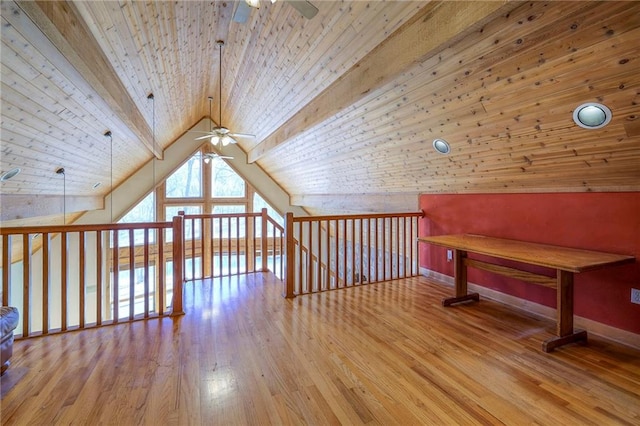 additional living space with vaulted ceiling, wood finished floors, wooden ceiling, and ceiling fan