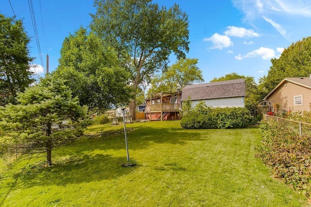 view of yard featuring a wooden deck and fence