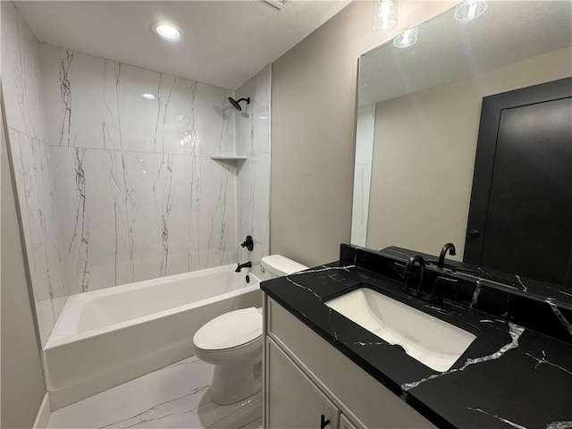 full bathroom featuring vanity, toilet, marble finish floor, recessed lighting, and shower / washtub combination
