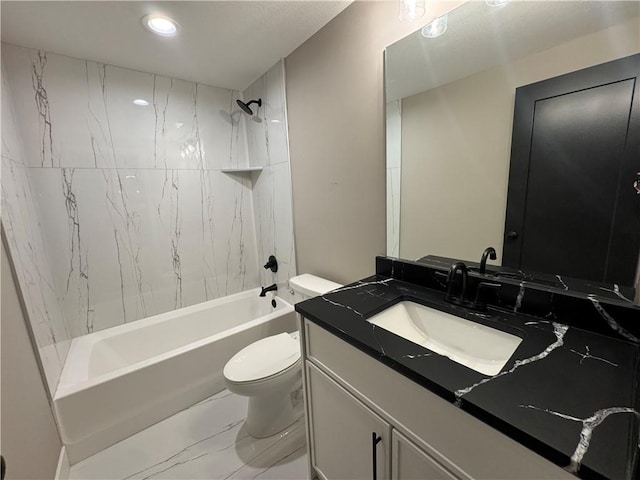 bathroom with vanity, toilet, marble finish floor, bathing tub / shower combination, and recessed lighting
