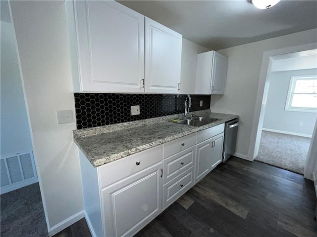 kitchen with visible vents, a sink, stainless steel dishwasher, white cabinetry, and dark wood-style flooring