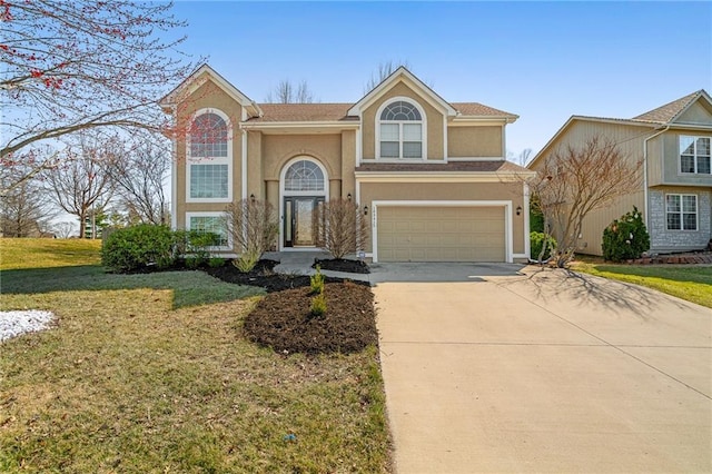 view of front of home with stucco siding, driveway, a front lawn, and an attached garage