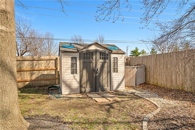 view of shed with a fenced backyard