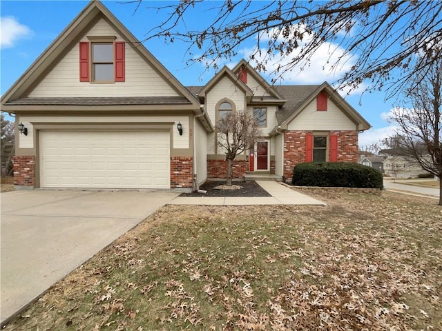 traditional-style house with brick siding and driveway