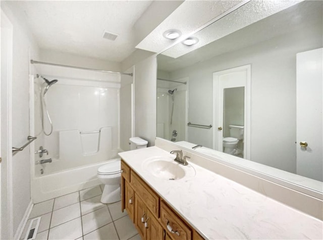 full bathroom featuring vanity, shower / tub combination, toilet, and tile patterned flooring