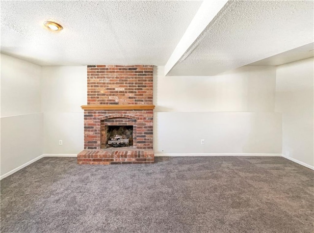 unfurnished living room with baseboards, a brick fireplace, and carpet flooring