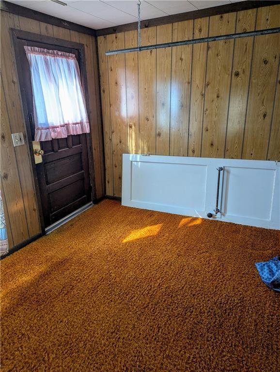 carpeted foyer with wooden walls