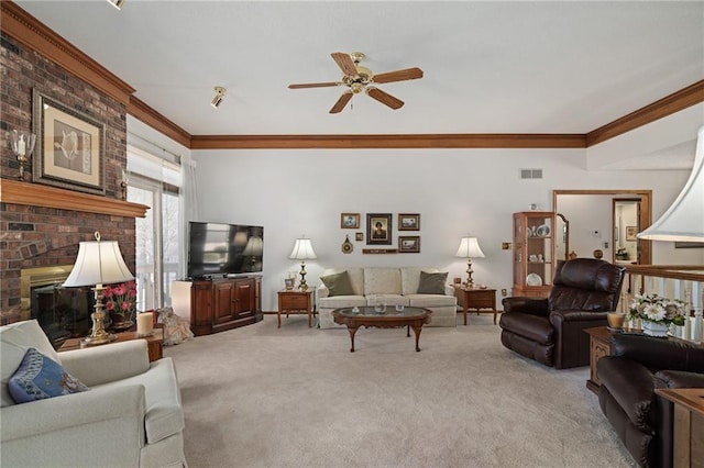 living room featuring a ceiling fan, visible vents, a fireplace, ornamental molding, and light carpet