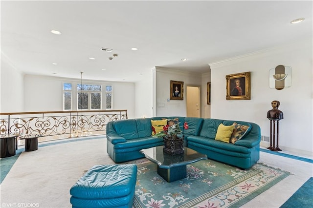 living room with carpet flooring, recessed lighting, and ornamental molding