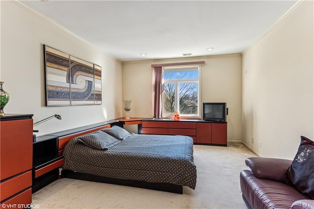 bedroom with visible vents, light carpet, baseboards, and ornamental molding