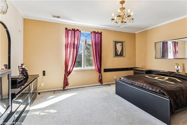 carpeted bedroom with visible vents, baseboards, an inviting chandelier, and ornamental molding