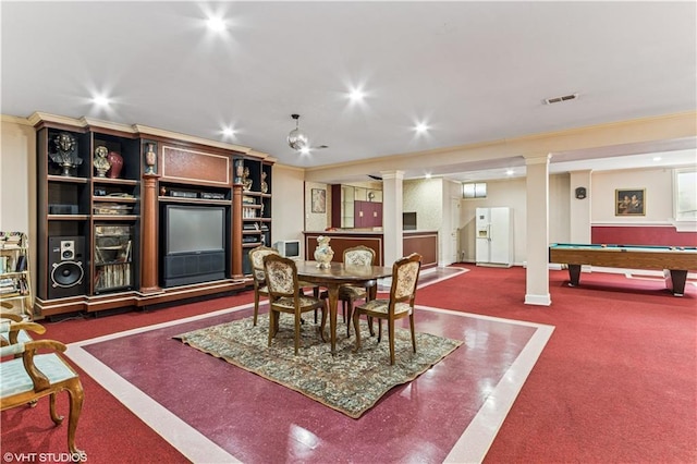 dining area with visible vents, carpet floors, recessed lighting, pool table, and crown molding