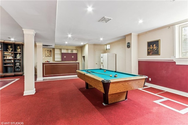 recreation room with visible vents, decorative columns, baseboards, and carpet floors