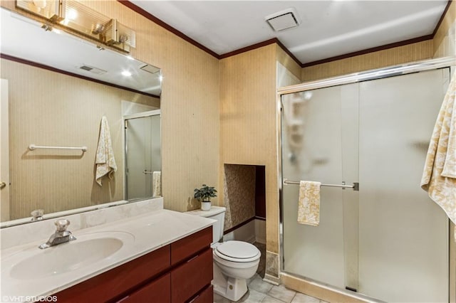 full bath featuring tile patterned flooring, visible vents, a shower stall, wallpapered walls, and crown molding