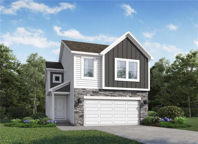 view of front of property with stone siding, board and batten siding, an attached garage, and driveway