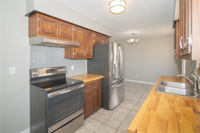 kitchen featuring a sink, under cabinet range hood, wood counters, appliances with stainless steel finishes, and tasteful backsplash