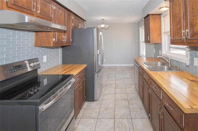 kitchen with under cabinet range hood, wood counters, a sink, appliances with stainless steel finishes, and baseboards