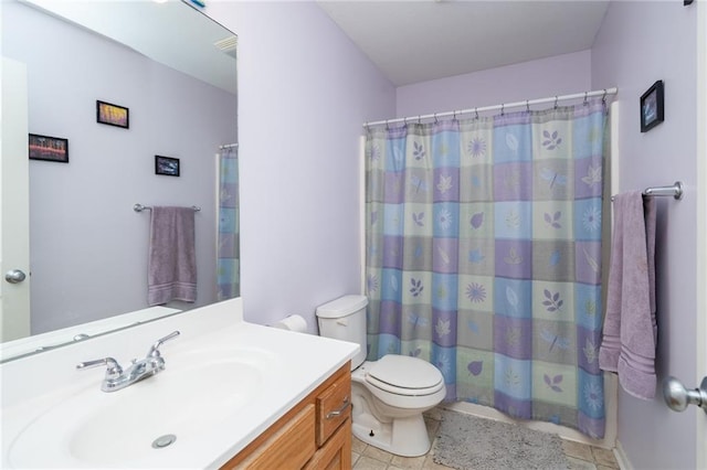 full bath with a shower with shower curtain, toilet, vanity, and tile patterned flooring