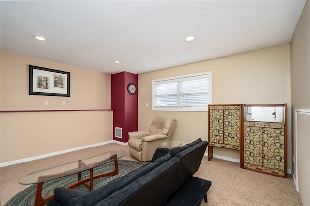 interior space featuring recessed lighting, visible vents, carpet floors, and baseboards