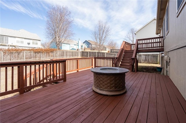 wooden terrace featuring a fenced backyard and a residential view