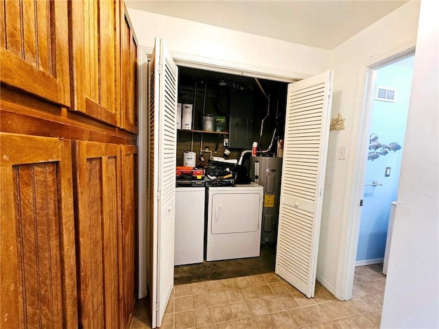 laundry area with washer and dryer, laundry area, visible vents, and electric water heater