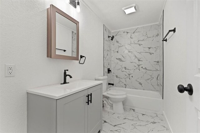 full bath featuring vanity, baseboards,  shower combination, toilet, and marble finish floor