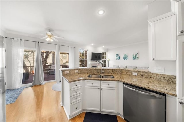 kitchen featuring stainless steel dishwasher, ceiling fan, a wealth of natural light, and a sink