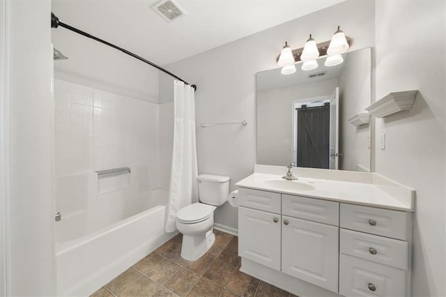 bathroom featuring visible vents, toilet, vanity, and shower / bath combination with curtain