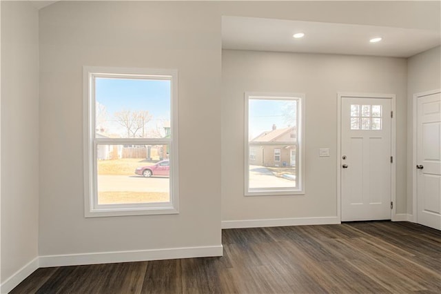 entrance foyer featuring baseboards, plenty of natural light, and dark wood-style flooring