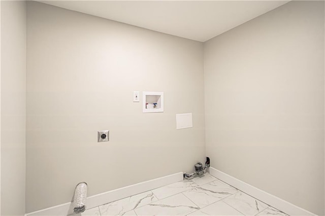 washroom with hookup for a washing machine, baseboards, laundry area, electric dryer hookup, and marble finish floor