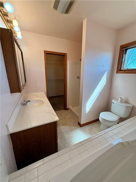 bathroom featuring visible vents, a stall shower, toilet, and vanity