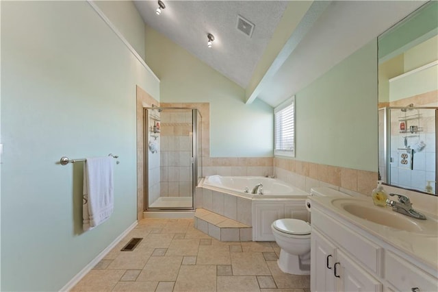 full bath with lofted ceiling, visible vents, and a stall shower