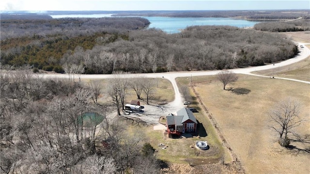 bird's eye view with a forest view and a water view