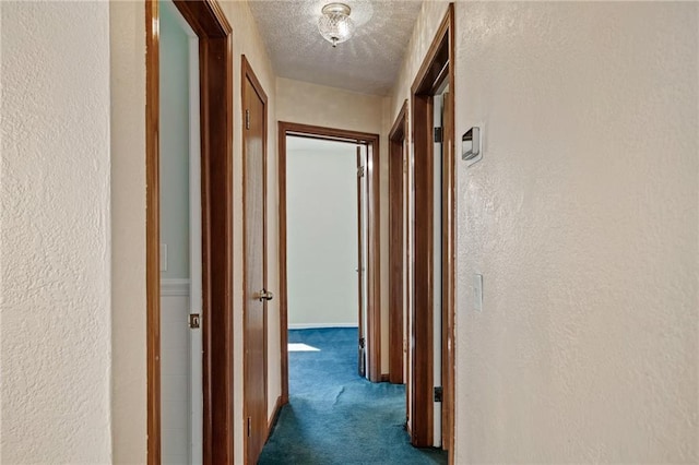 hall with a textured ceiling, carpet flooring, and a textured wall