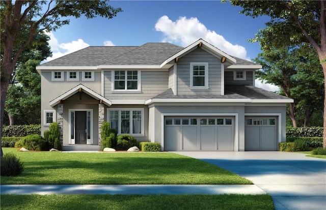 view of front of home featuring an attached garage, concrete driveway, a front yard, and roof with shingles