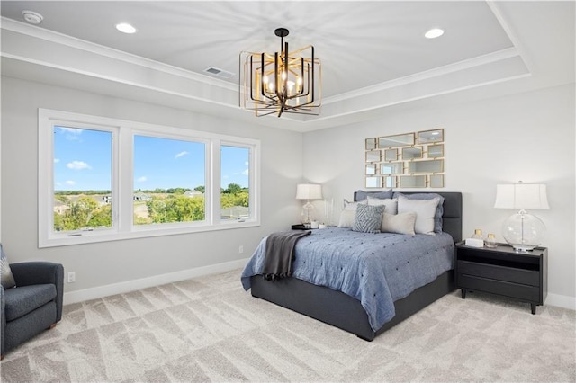 8017 Round Prairie St, Shawnee, KS 66220 - bedroom with a chandelier, light colored carpet, recessed lighting, crown molding, and a tray ceiling