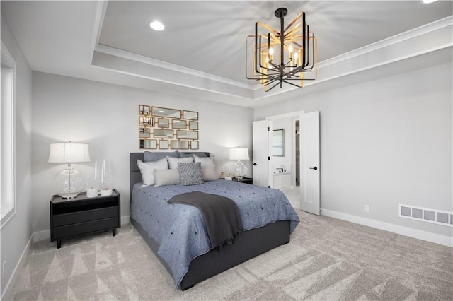 8017 Round Prairie St, Shawnee, KS 66220 - bedroom with a tray ceiling, carpet, a chandelier, crown molding, and recessed lighting