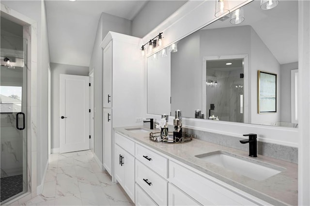8017 Round Prairie St, Shawnee, KS 66220 - bathroom featuring marble look tiles, double vanity, a marble finish shower, and lofted ceiling