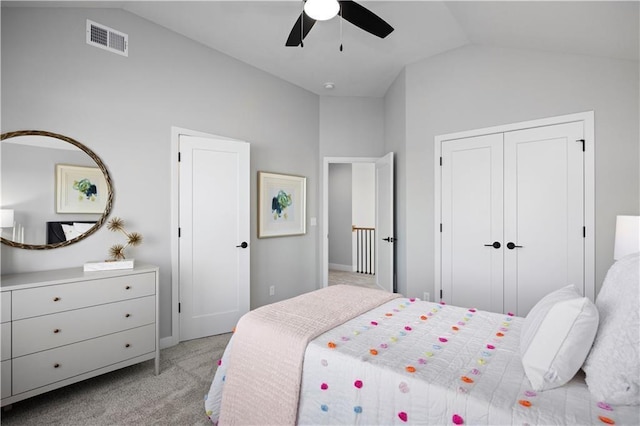 8017 Round Prairie St, Shawnee, KS 66220 - bedroom with vaulted ceiling, light carpet, a ceiling fan, and a closet