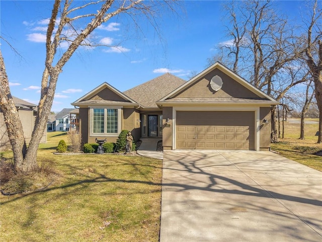 ranch-style house featuring stucco siding, an attached garage, driveway, and a front lawn