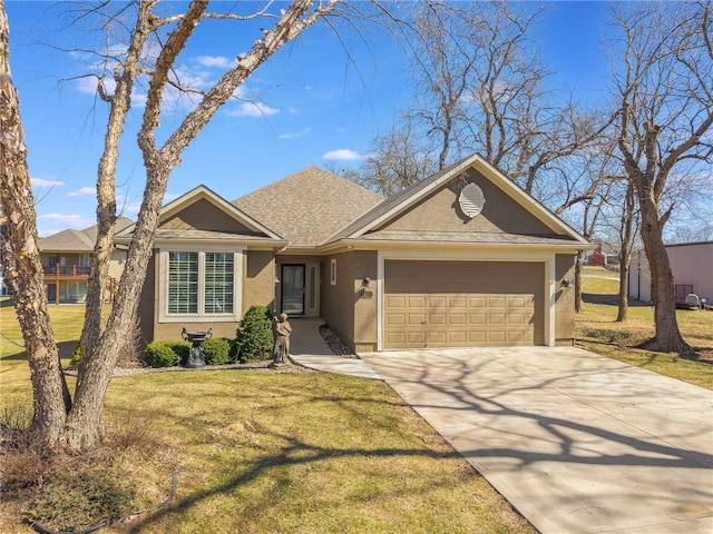 ranch-style home with stucco siding, an attached garage, driveway, and a front yard